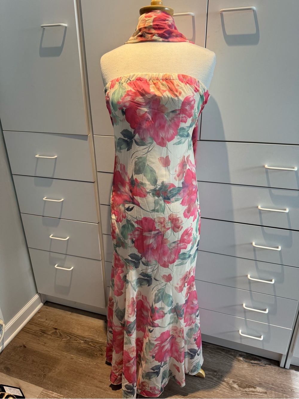 Strapless Floral Maxi Dress in Pink & Green